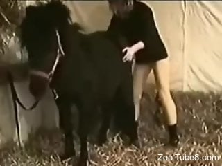 Tight woman feels entire horse penis in her tiny pussy